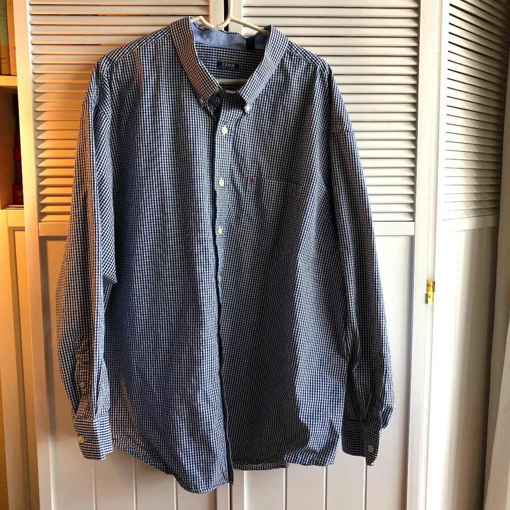 IZOD Men's Gingham Blue White Button Down Shirt 3XL
